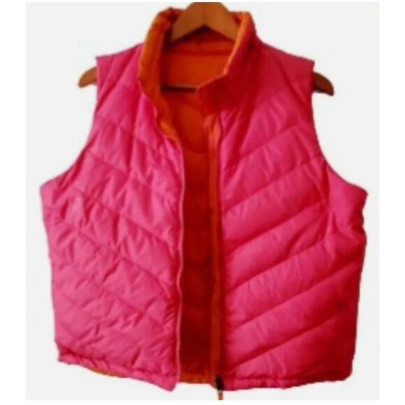 Women's Quilted Sleeveless Reversible Puffer Jacket Vest Neon Pink/Orange, Large - Picture 2 of 12